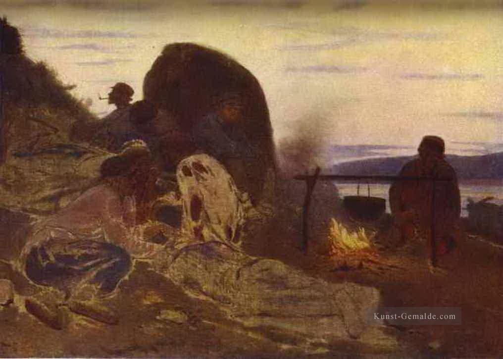 Lastkähne mit Lagerfeuer 1870 Ilya Repin Ölgemälde